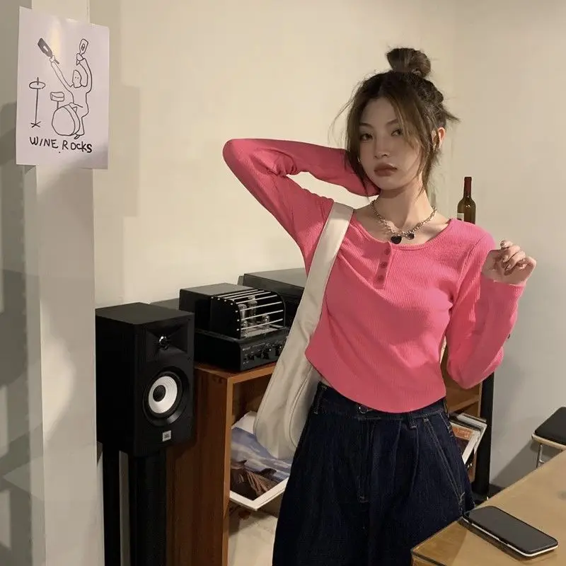 Women Pink V-Neck Long Sleeve T-Shirt - Image 3