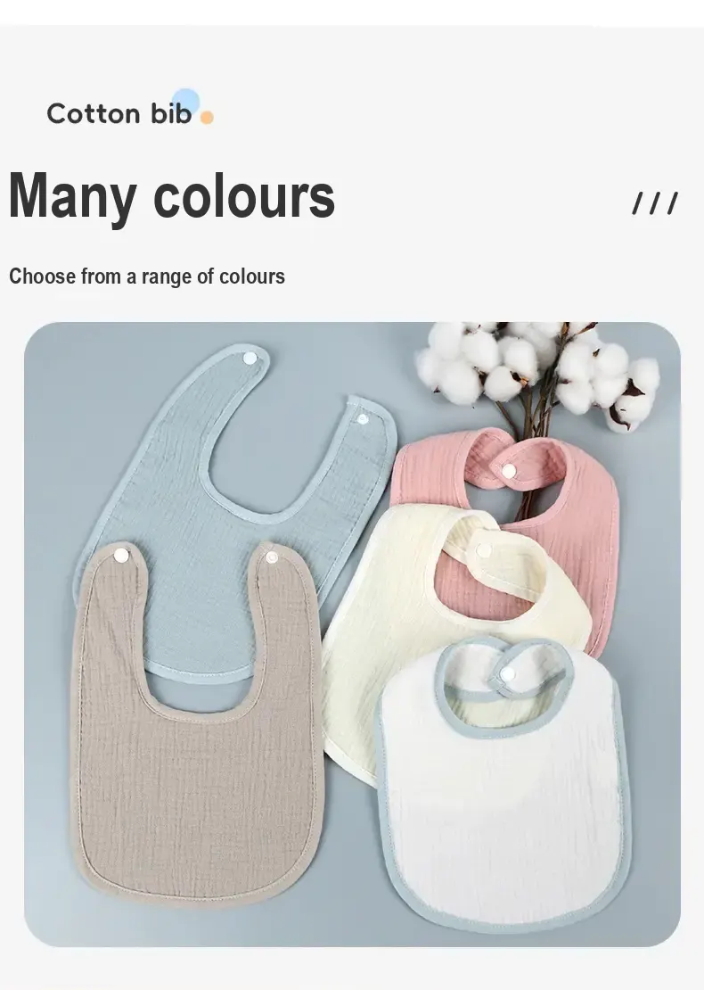 Five solid-colour U-shaped bibs in light blue, grey, pink, yellow and white.