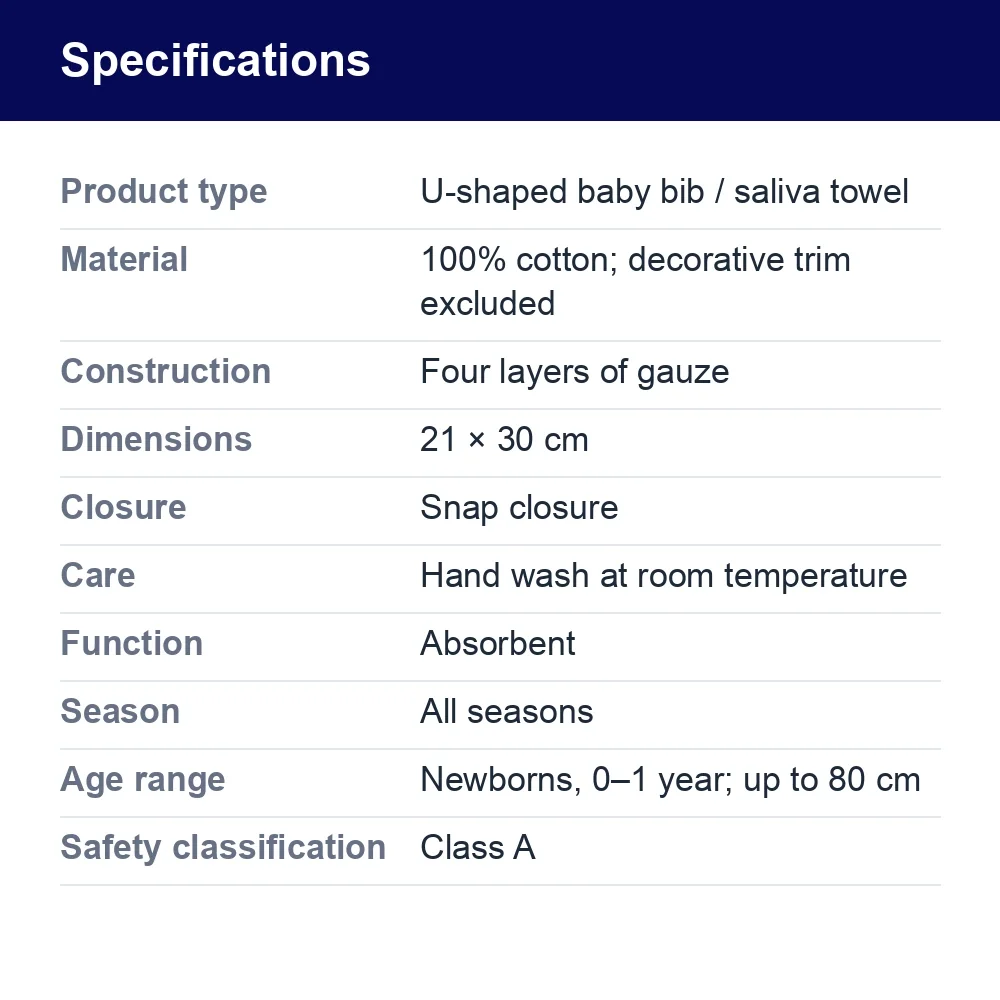 Baby Cotton Gauze Bib, 4 Layers, 21 × 30 cm – specifications