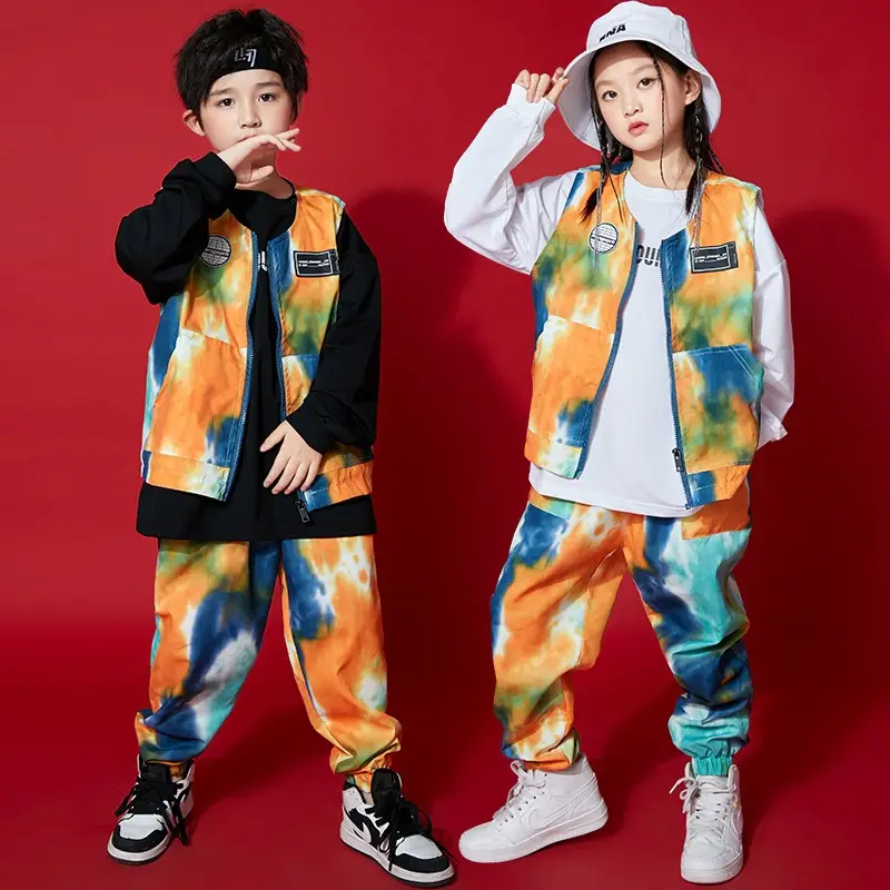 Hip Hop Street Dance Suit Boys Girls Orange Tie Dye - Image 8