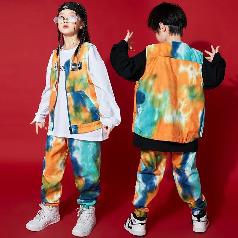 Hip Hop Street Dance Suit Boys Girls Orange Tie Dye - Image 9