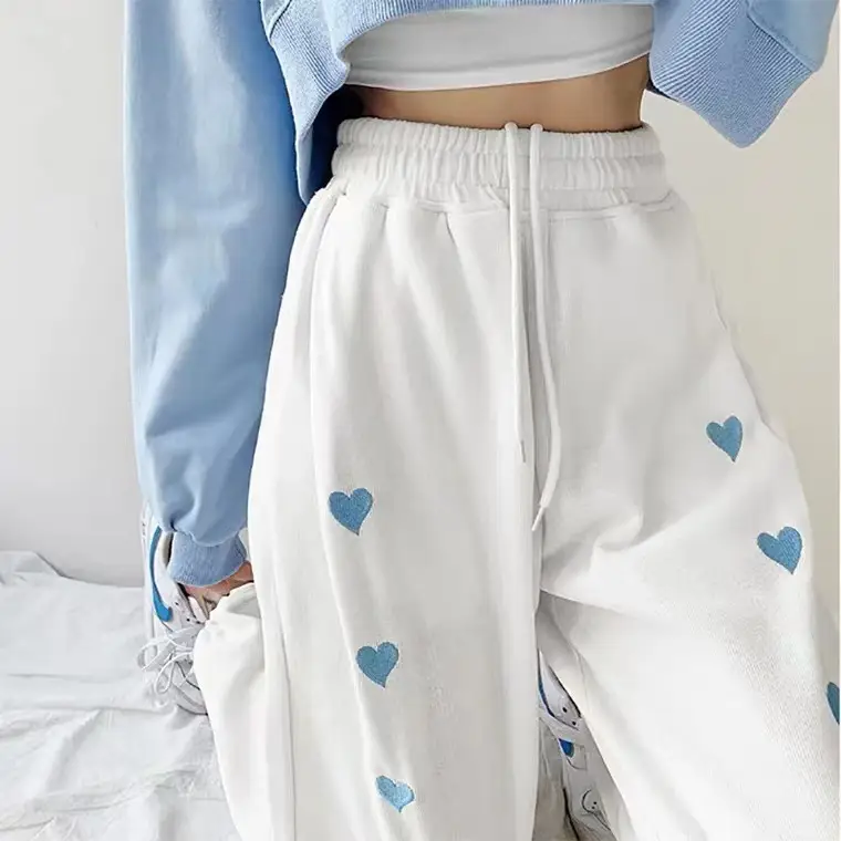 Women Embroidered Heart Pants Black High Waist Casual 2021 - Image 4