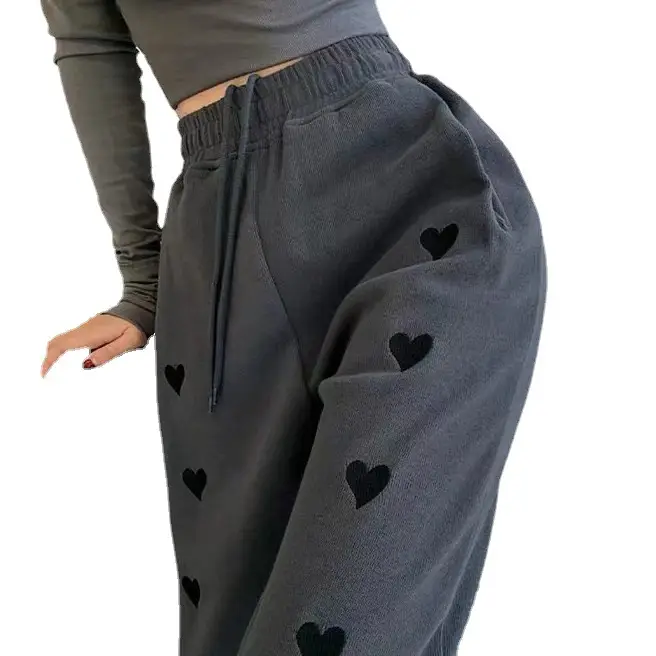 Women Embroidered Heart Pants Black High Waist Casual 2021 - Image 5