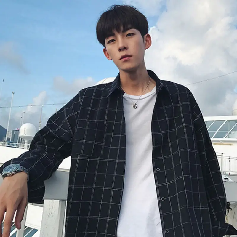 Men's Blue Plaid Korean Style Shirt 2025 Spring - Image 11