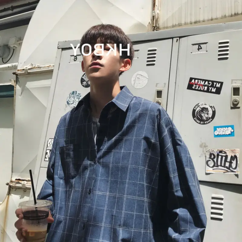 Men's Blue Plaid Korean Style Shirt 2025 Spring - Image 12