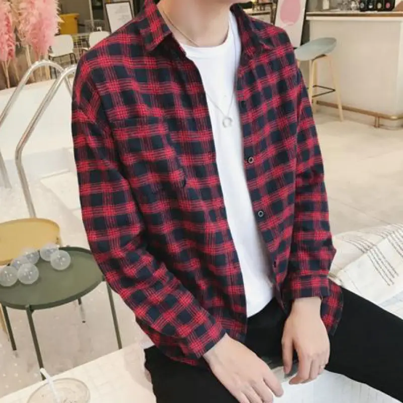 Men's Blue Plaid Korean Style Shirt 2025 Spring — feature 10