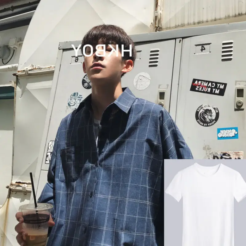 Men's Blue Plaid Korean Style Shirt 2025 Spring — feature 11