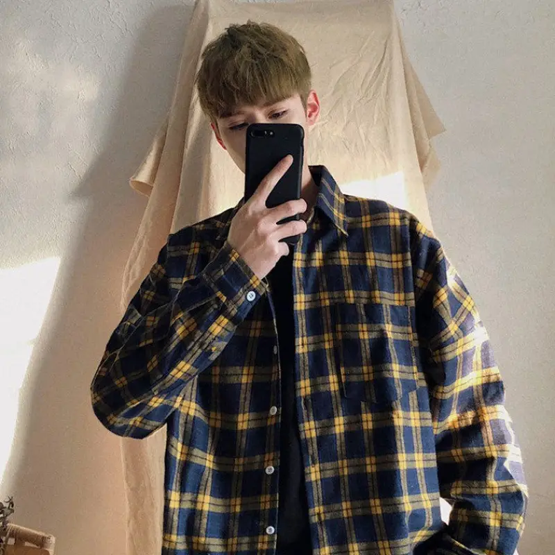 Men's Blue Plaid Korean Style Shirt 2025 Spring — feature 16