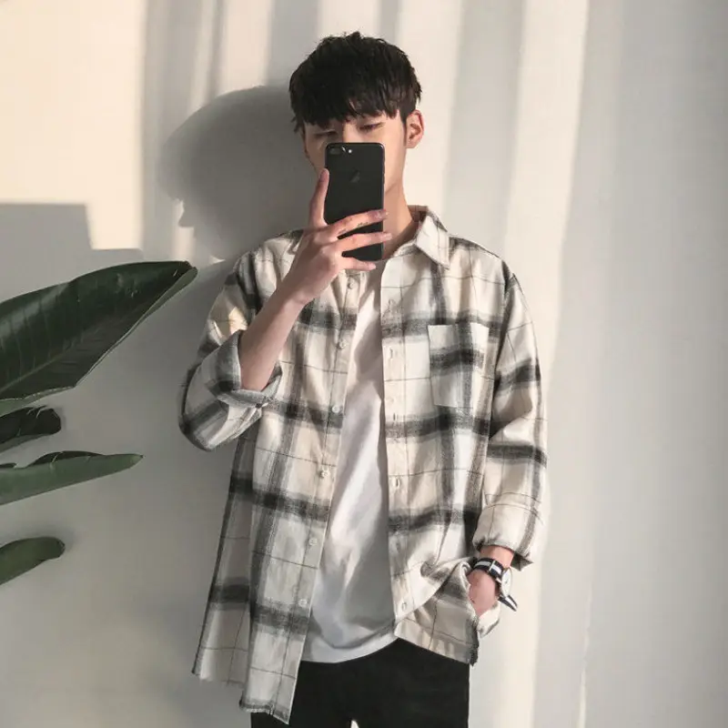 Men's Blue Plaid Korean Style Shirt 2025 Spring — feature 17