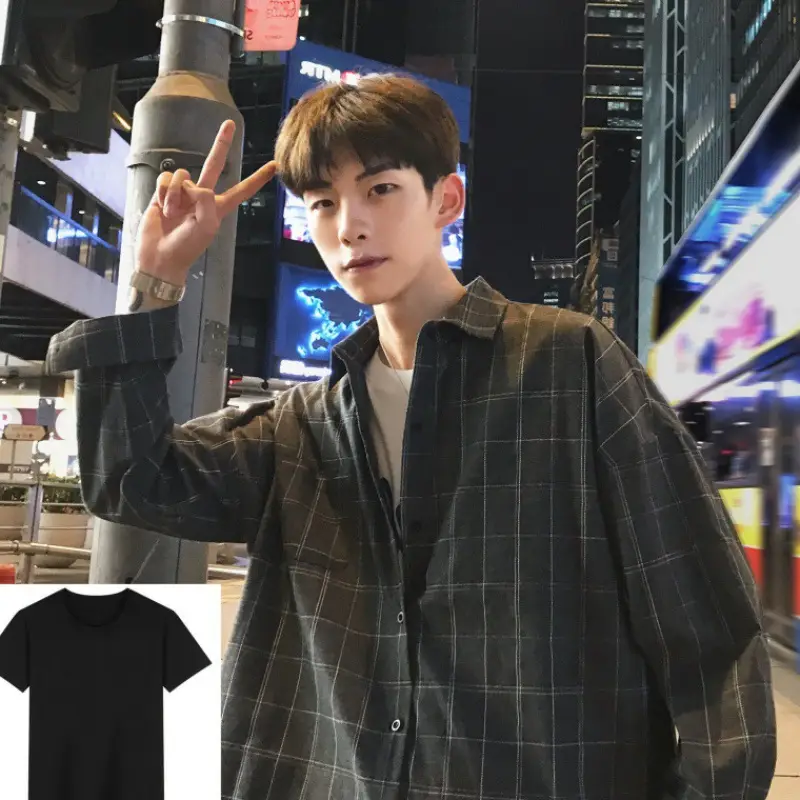 Men's Blue Plaid Korean Style Shirt 2025 Spring — feature 18