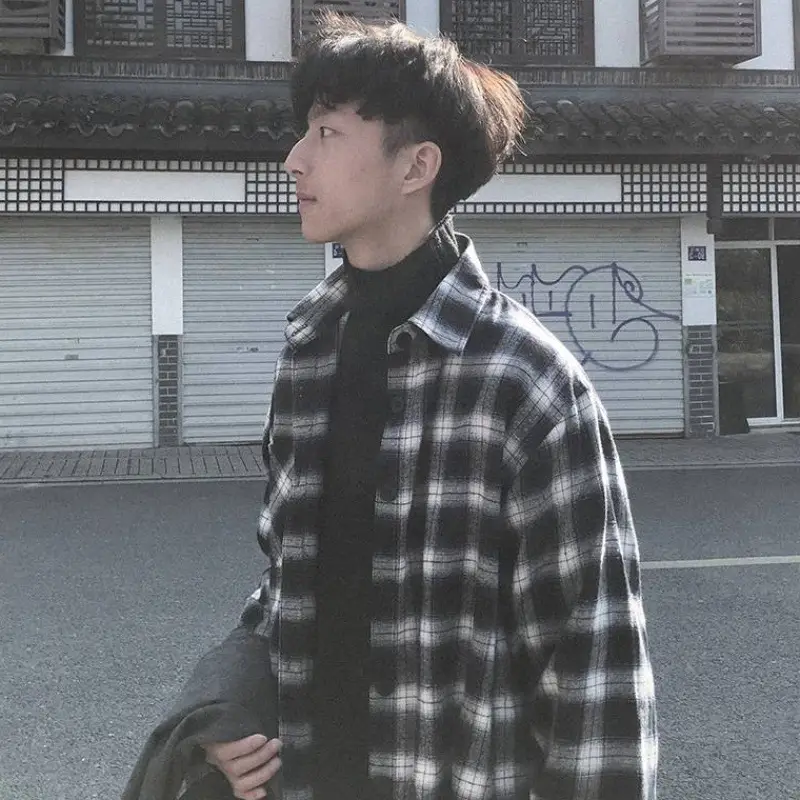 Men's Blue Plaid Korean Style Shirt 2025 Spring — feature 19