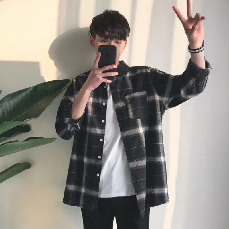 Men's Blue Plaid Korean Style Shirt 2025 Spring — feature 20