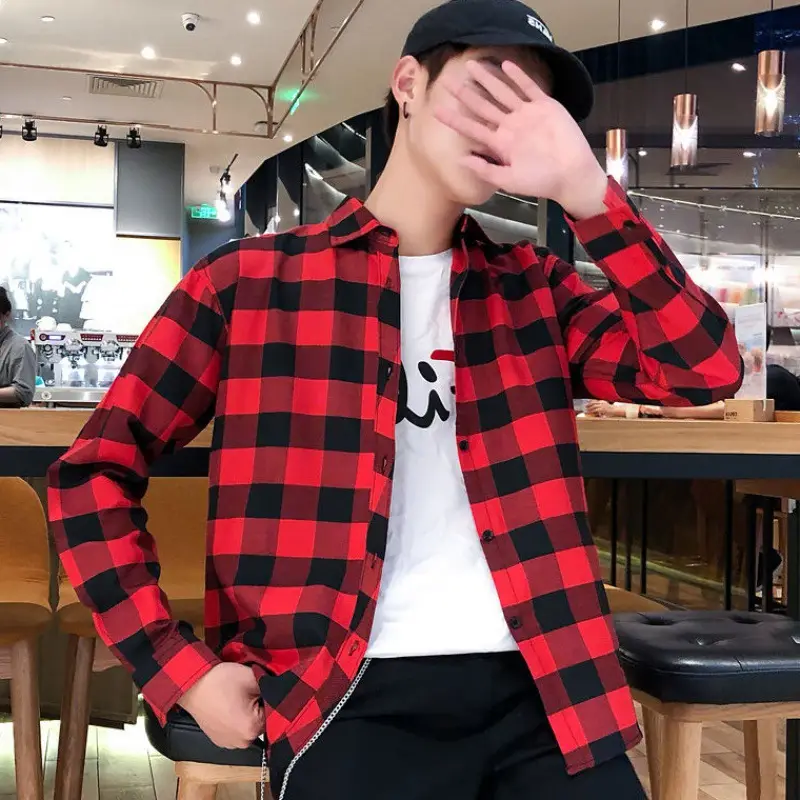 Men's Blue Plaid Korean Style Shirt 2025 Spring — feature 21