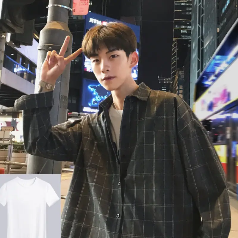 Men's Blue Plaid Korean Style Shirt 2025 Spring — feature 22