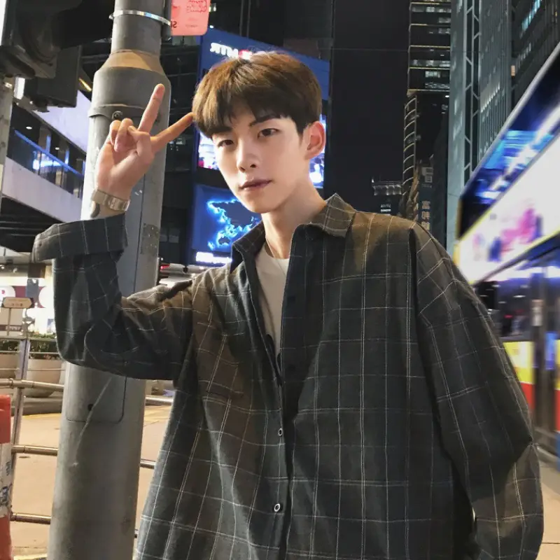 Men's Blue Plaid Korean Style Shirt 2025 Spring — feature 4