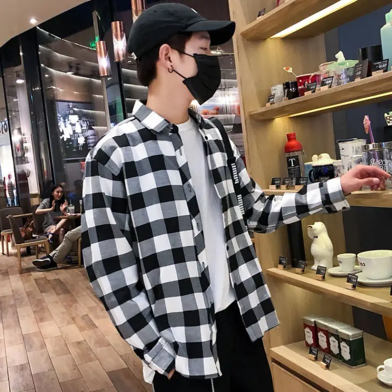 Men's Blue Plaid Korean Style Shirt 2025 Spring — feature 9