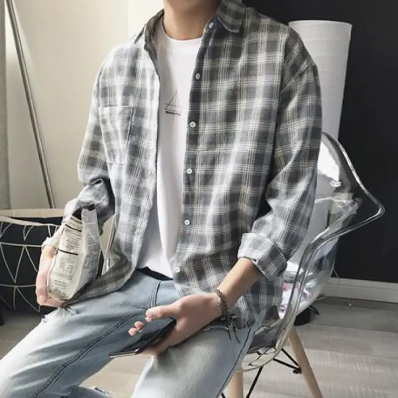 Men's Blue Plaid Korean Style Shirt 2025 Spring - Image 5