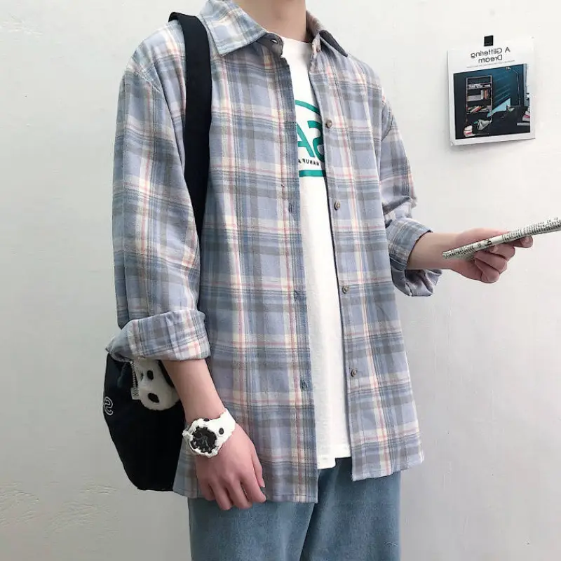 Men's Blue Plaid Korean Style Shirt 2025 Spring - Image 7