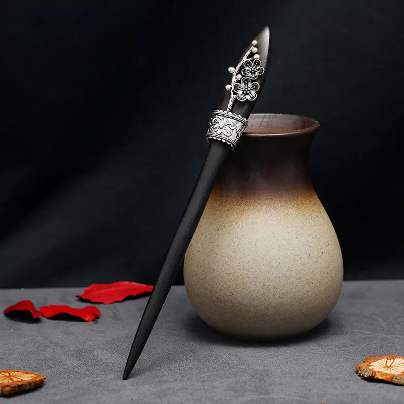 Ancient Hanfu Hairpin Ebony Silver Palace Style - Image 6