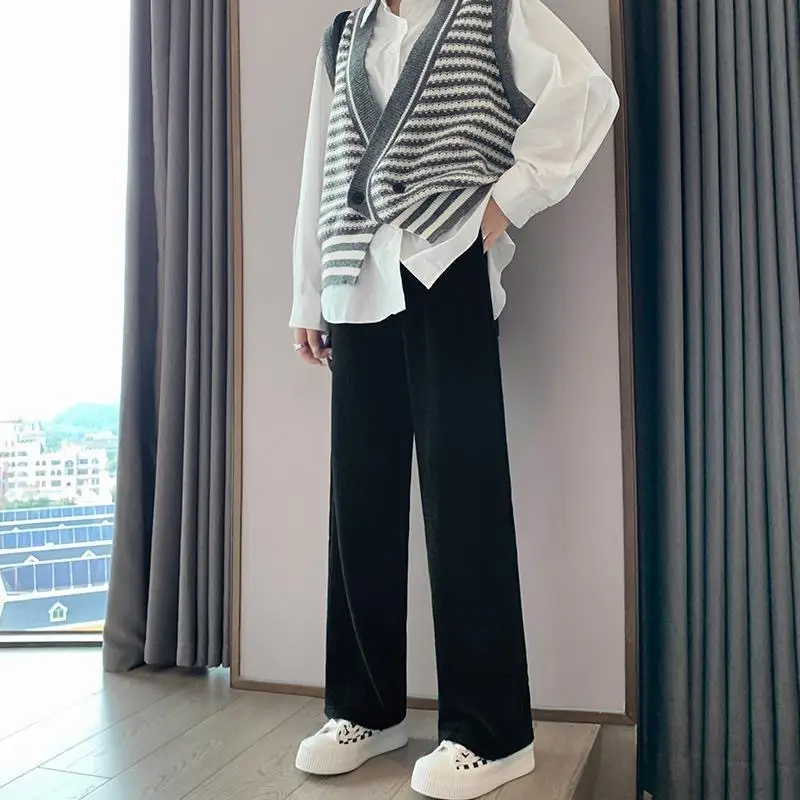 Women Chenille Wide Leg Pants Black Winter Loose Fit