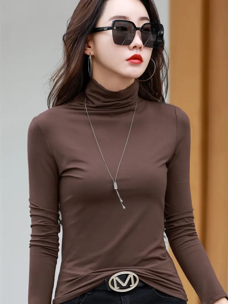 Women Maroon Cotton Turtleneck Long Sleeve Top - Image 11