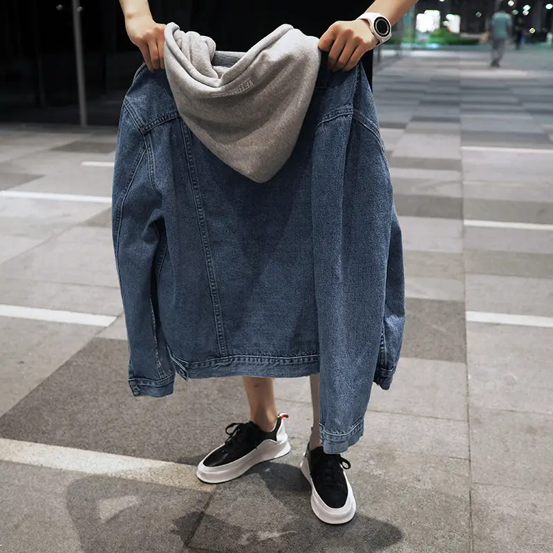 Men's Korean Style Hooded Denim Jacket Blue Gray - Image 4