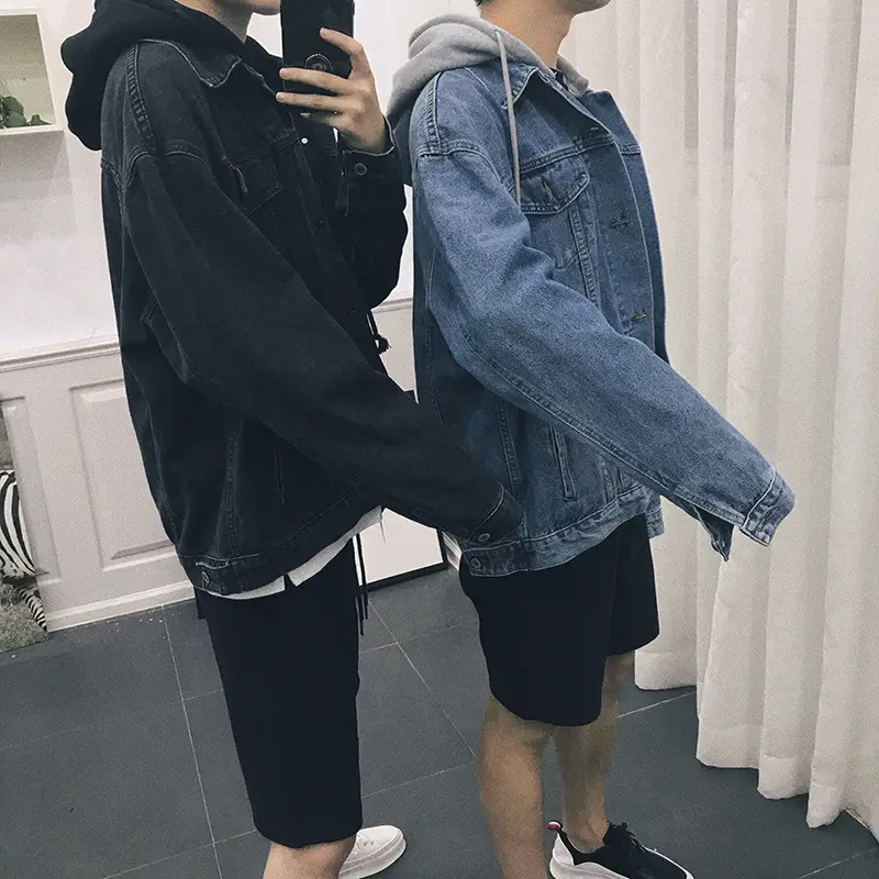 Men's Korean Style Hooded Denim Jacket Blue Gray - Image 5