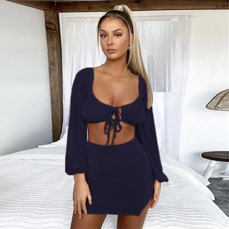 Women's 2024 Square Collar Strap Top Suit Navy Blue - Image 5