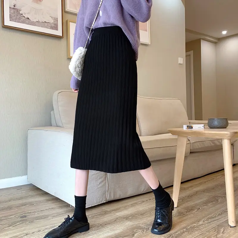 Black Knitted Mid-Length Skirt Women Winter High Waist A-Line - Image 5