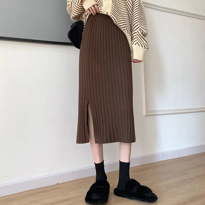Black Knitted Mid-Length Skirt Women Winter High Waist A-Line - Image 6