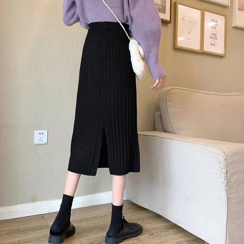 Black Knitted Mid-Length Skirt Women Winter High Waist A-Line - Image 7