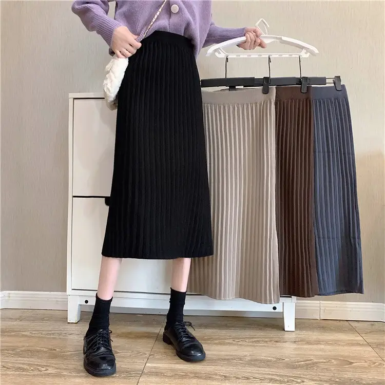 Black Knitted Mid-Length Skirt Women Winter High Waist A-Line - Image 3