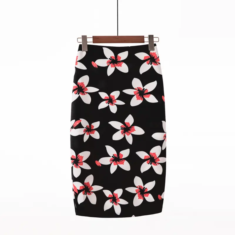 Black Floral Digital Print Pencil Skirt for Women - Image 32