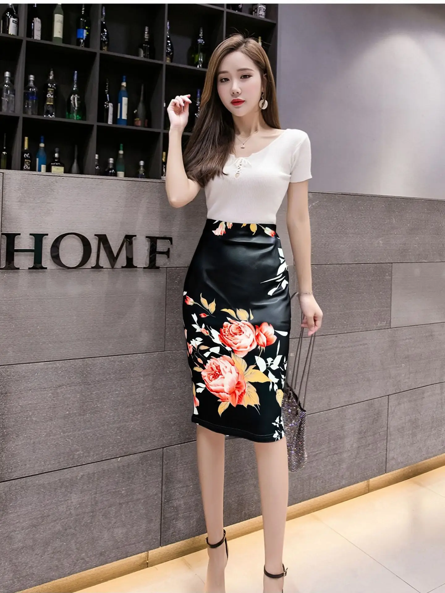 Black Floral Digital Print Pencil Skirt for Women - Image 19