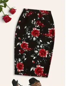 Black Floral Digital Print Pencil Skirt for Women - Image 26