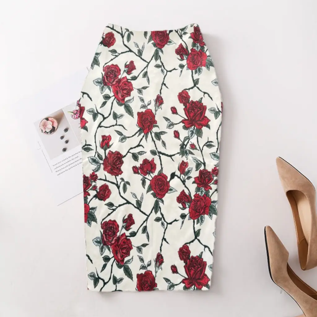 Black Floral Digital Print Pencil Skirt for Women - Image 28