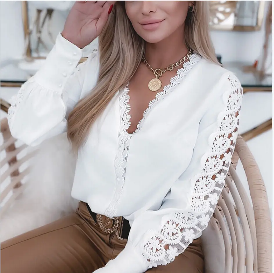 2021 Black Lace Long Sleeve V-Neck Women's Shirt - Image 5