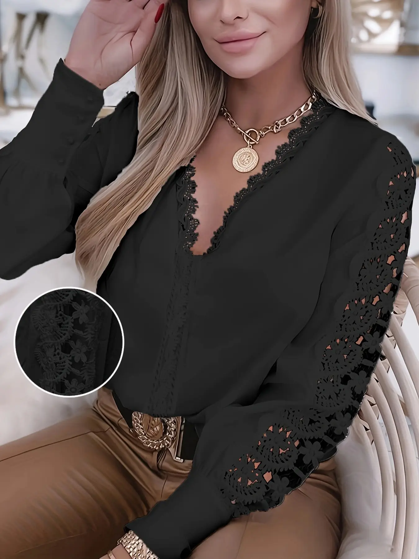 2021 Black Lace Long Sleeve V-Neck Women's Shirt - Image 2