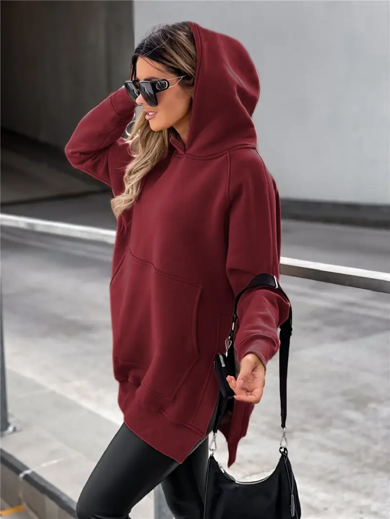 2024 Maroon Hooded Sweatshirt Thickened Pure Color