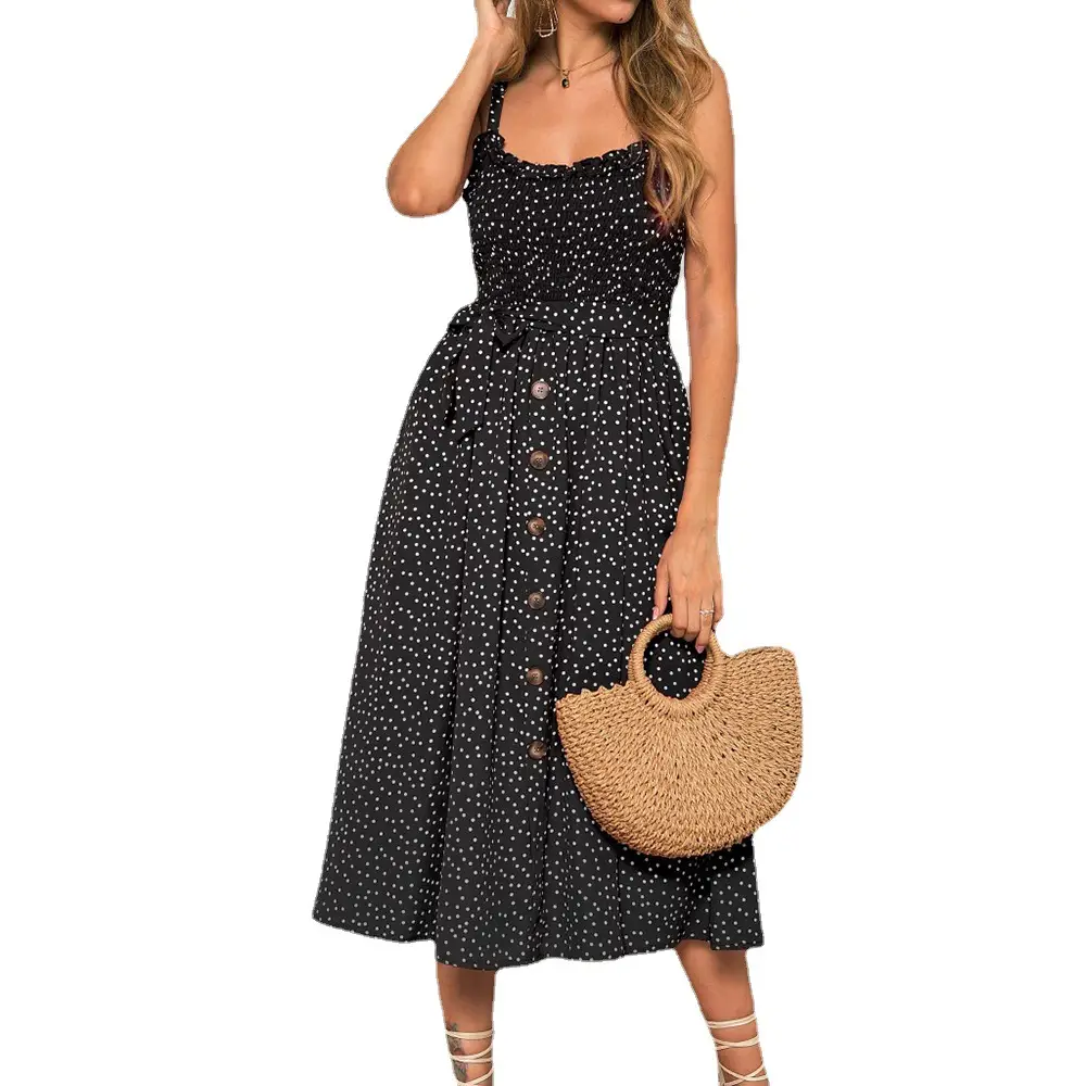 2021 Black Ruffled Dot Print Single Breasted Dress - Image 8