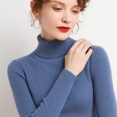 Women Winter Knitted Turtleneck Slim Fit Blue - Image 11