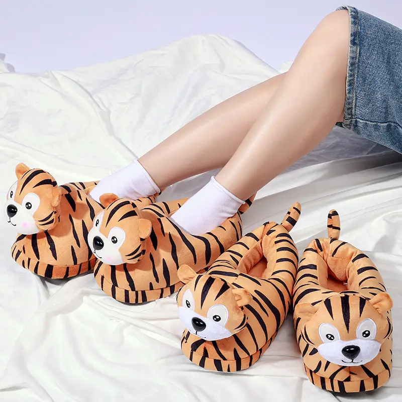 New Cute Tiger-Shaped Plush Cotton Slippers, Custom Wholesale Shoes, Autumn and Winter Indoor Non-Slip Couple's Warm Cotton Slippers