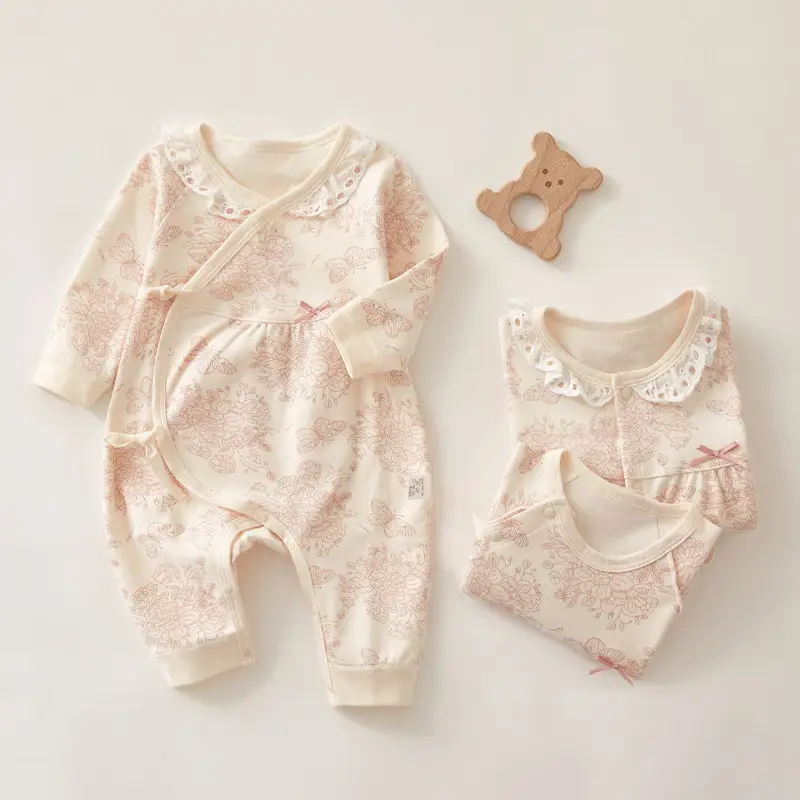 Baby Long Sleeve Cotton Set with Lace-Up Pants & Hat - Image 4