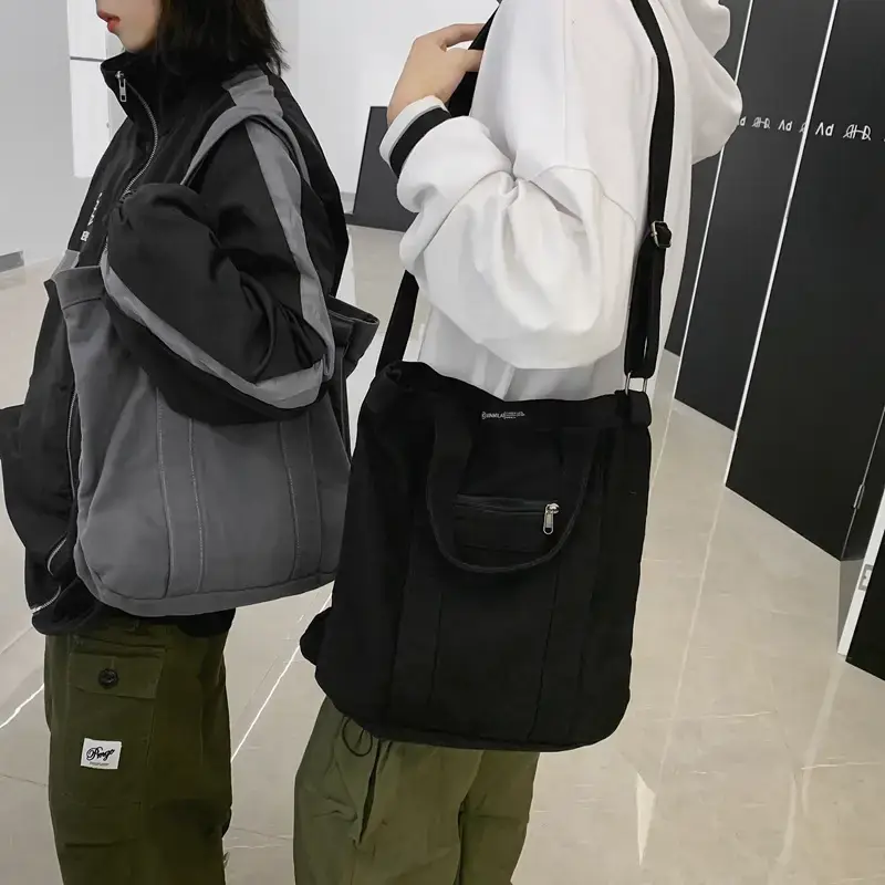 Women's Washed Canvas Shoulder Bag Black Large Capacity - Image 4