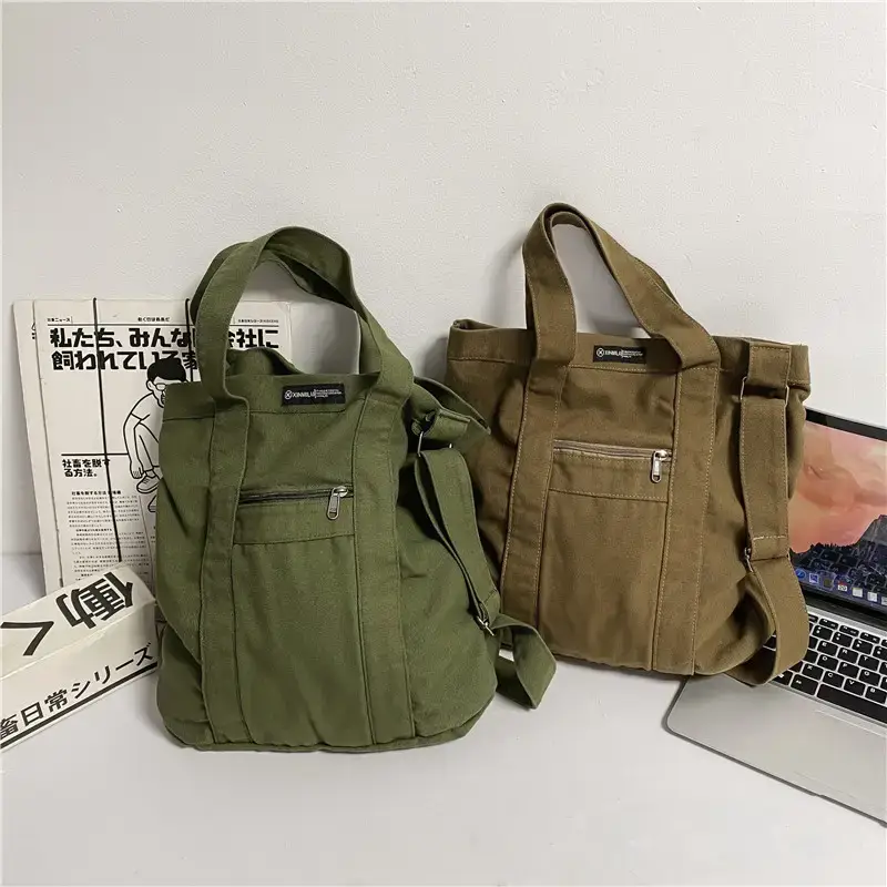 Women's Washed Canvas Shoulder Bag Black Large Capacity - Image 5