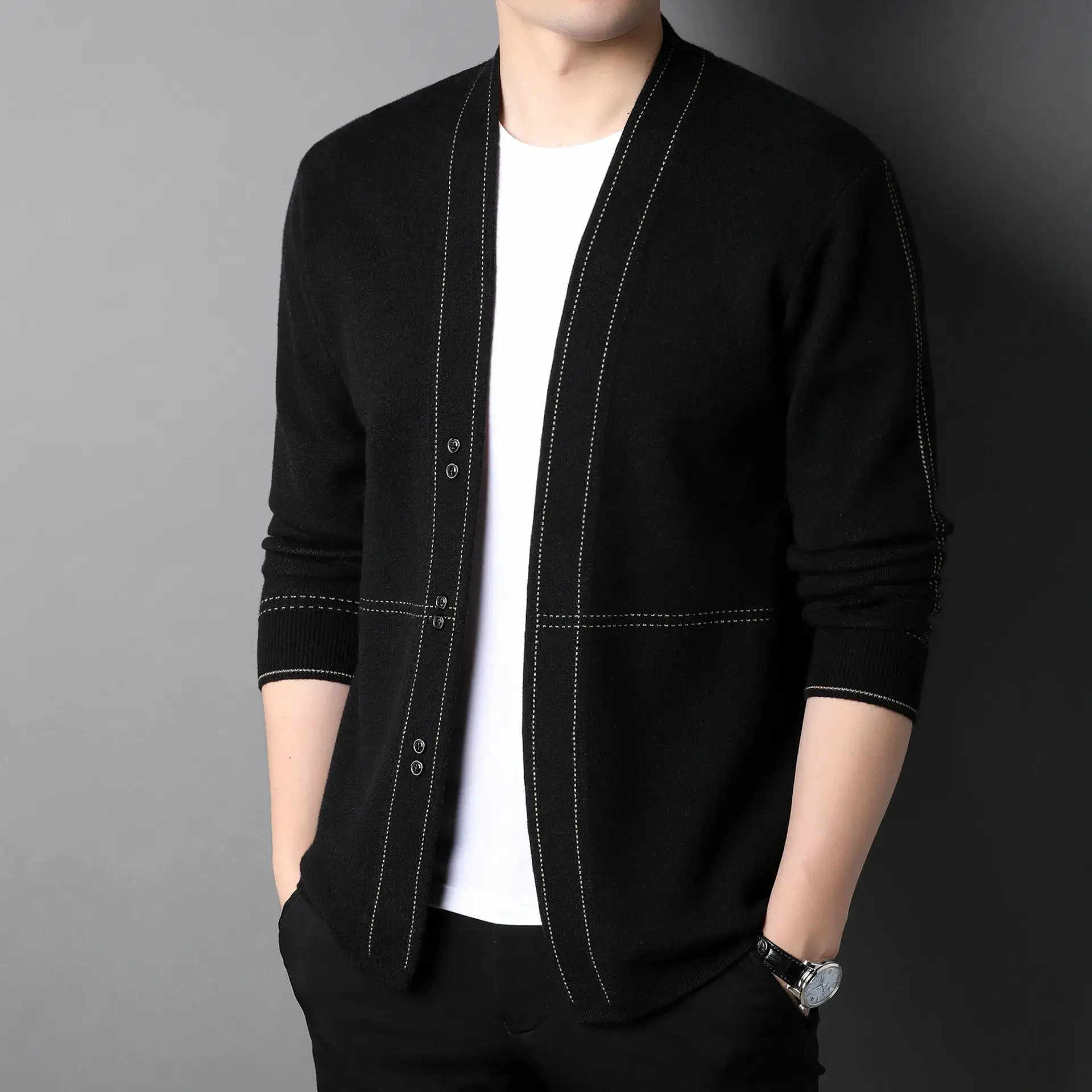 Men's Slim Fit Knitted Cardigan Jacket Grey