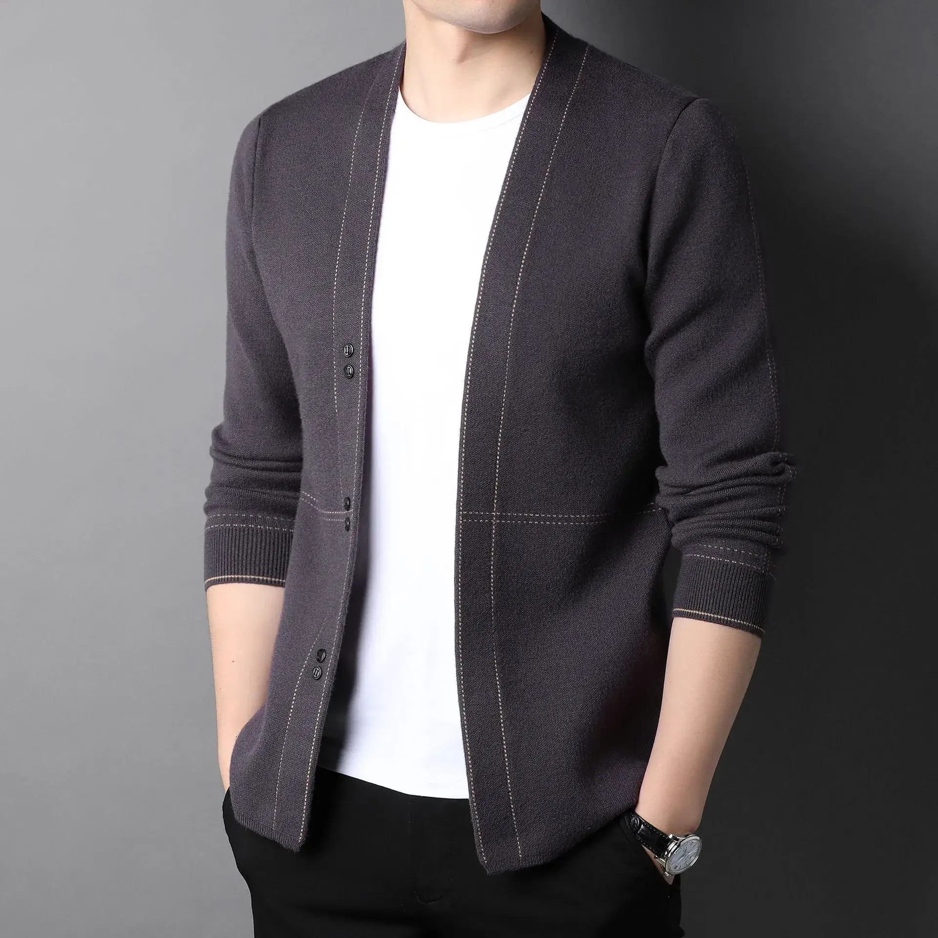 Men's Slim Fit Knitted Cardigan Jacket Grey