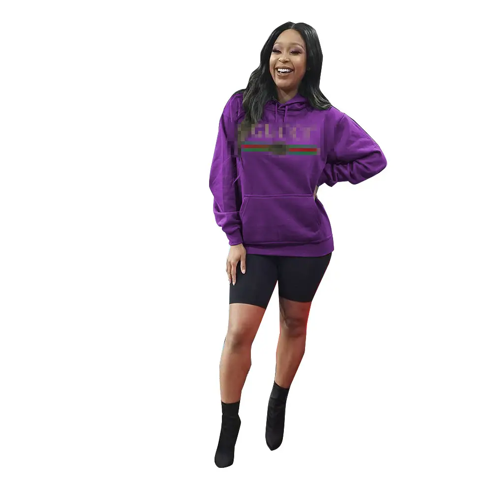 Women Purple Hoodie Sweatshirt Set Long Sleeve Casual