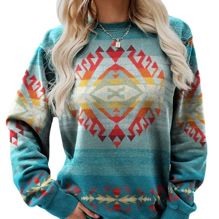 Women's 2021 Geometric Print Sweater Teal Brown