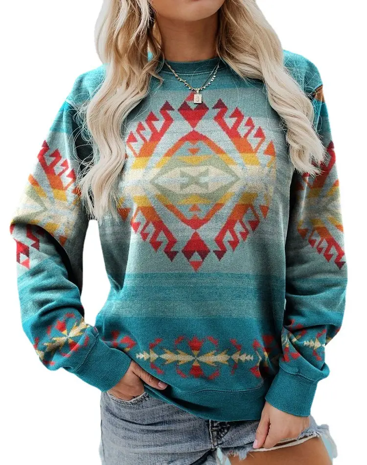Women's 2021 Geometric Print Sweater Teal Brown